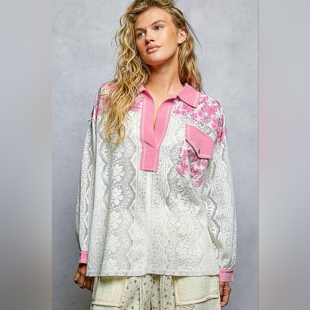 POL Floral Print Long Sleeve Lace Shirt with Front Pocket